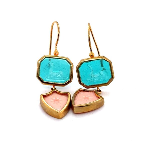 Green/Pink Carved Earrings - Picture 1 of 5